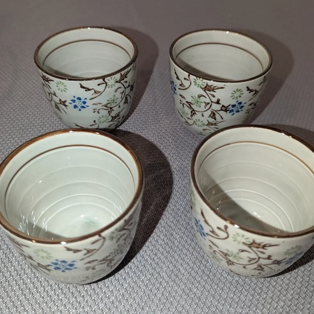Pier 1 Imports Tomoko 6 Piece Tea Set Floral Ceramic Teapot 4 Cups Metal Stand